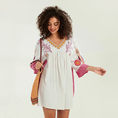 Lässiges Oversize Boho Damen Minikleid mit 3/4 Ärmeln