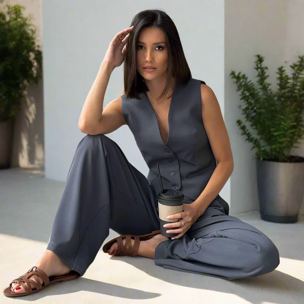 Elegantes Damen Hosenanzug Set mit V-Ausschnitt und weitem Bein