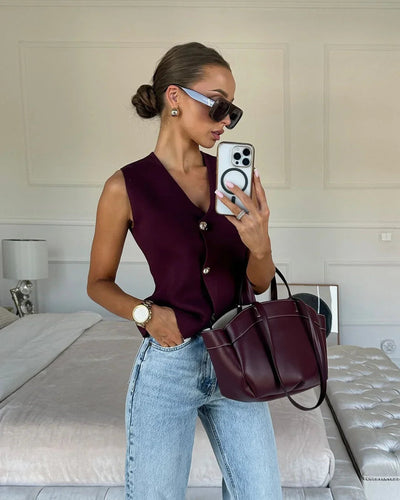 Ärmellose Damen-Strickweste mit Knopf-Front