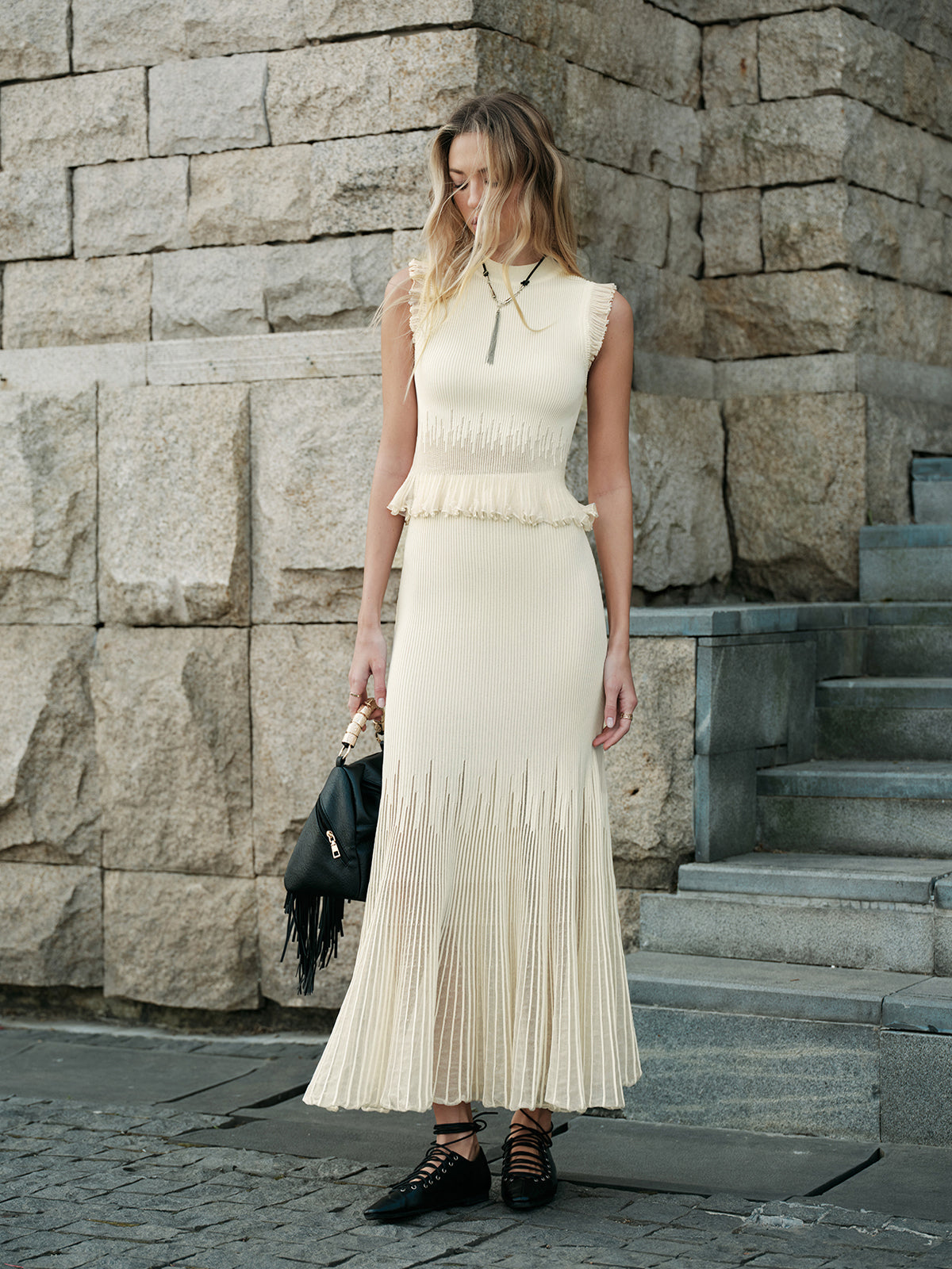 Rippstrick Crop Top mit Rüschen – Beige – Sommer Damen Oberteil