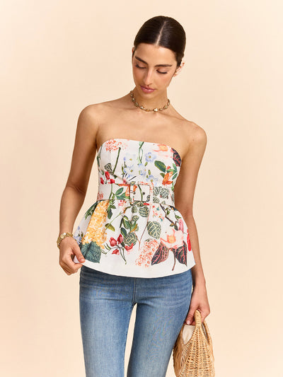 Schulterfreies Blumen-Peplum-Top mit Gürtel – Sommerbluse