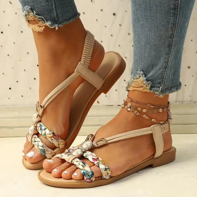 Damen Slip-On Sandalen im Boho-Stil mit Perlenverzierung | Bequeme