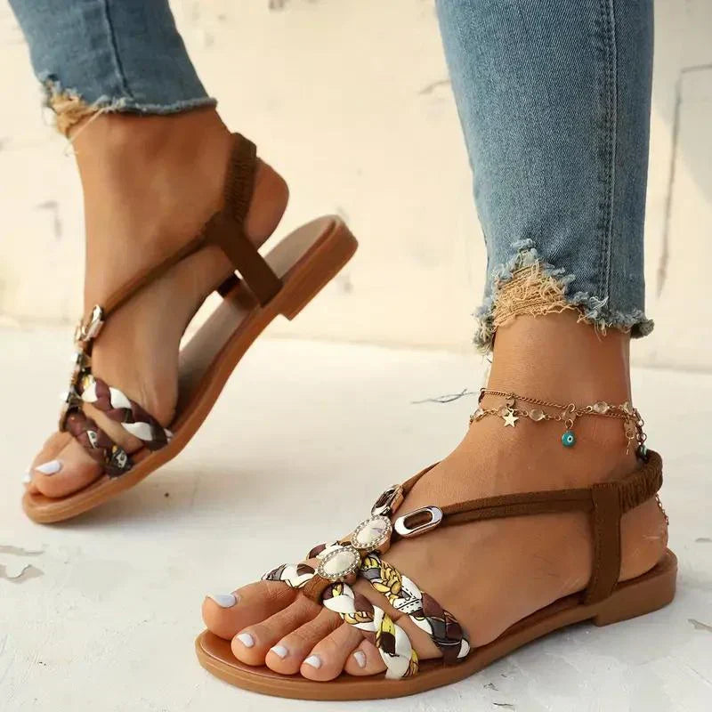 Damen Slip-On Sandalen im Boho-Stil mit Perlenverzierung | Bequeme