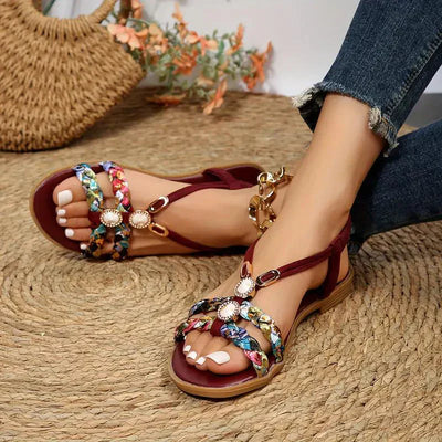 Damen Slip-On Sandalen im Boho-Stil mit Perlenverzierung | Bequeme