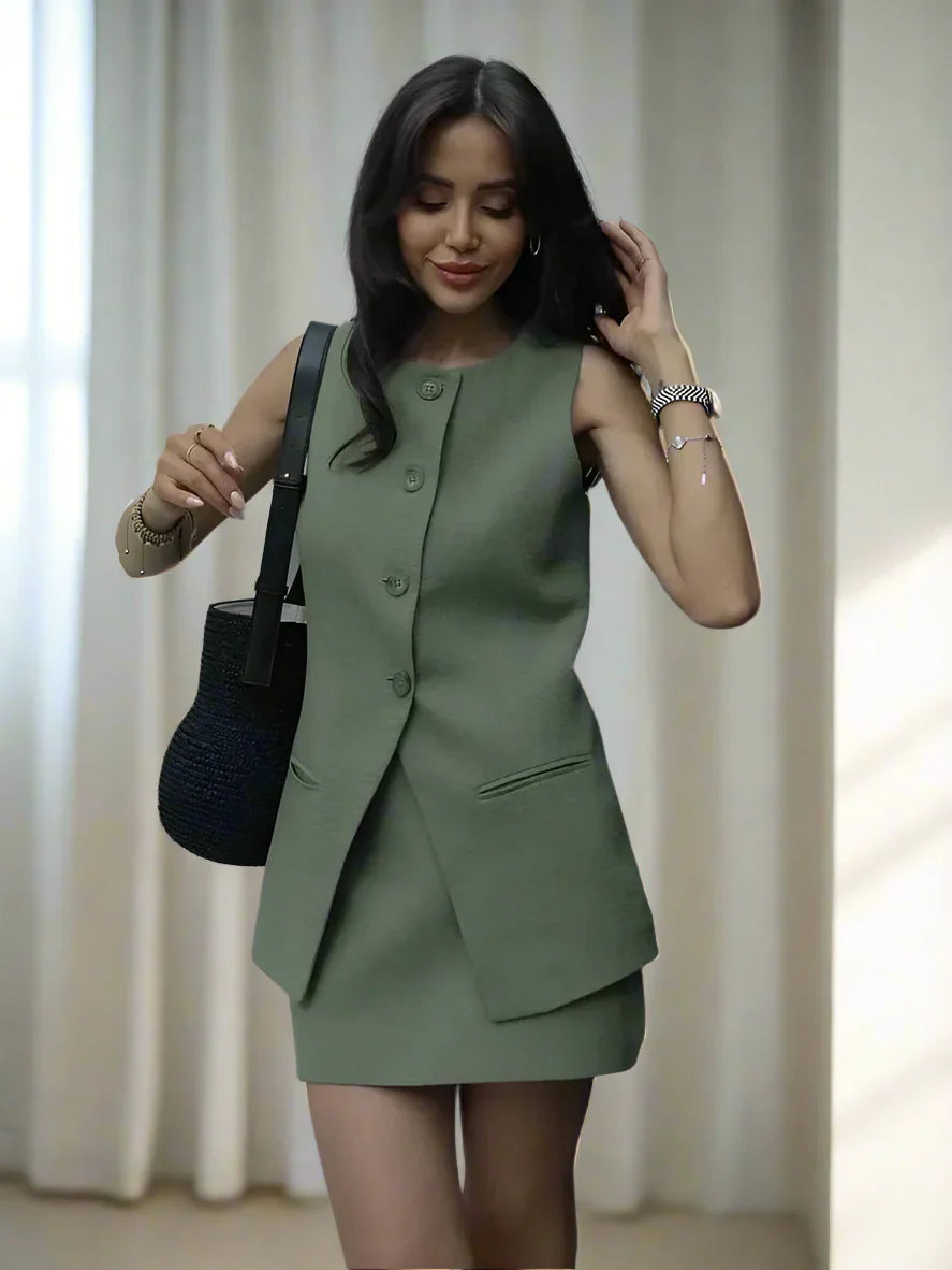 Elegantes Damen Zweiteiler-Set Vintage Kurzarm Knopfleiste