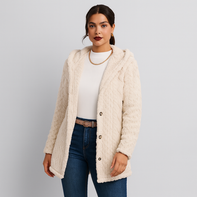 Marlena | Damen Knopf-Front Teddy Hoodie Mantel für Herbst & Winter