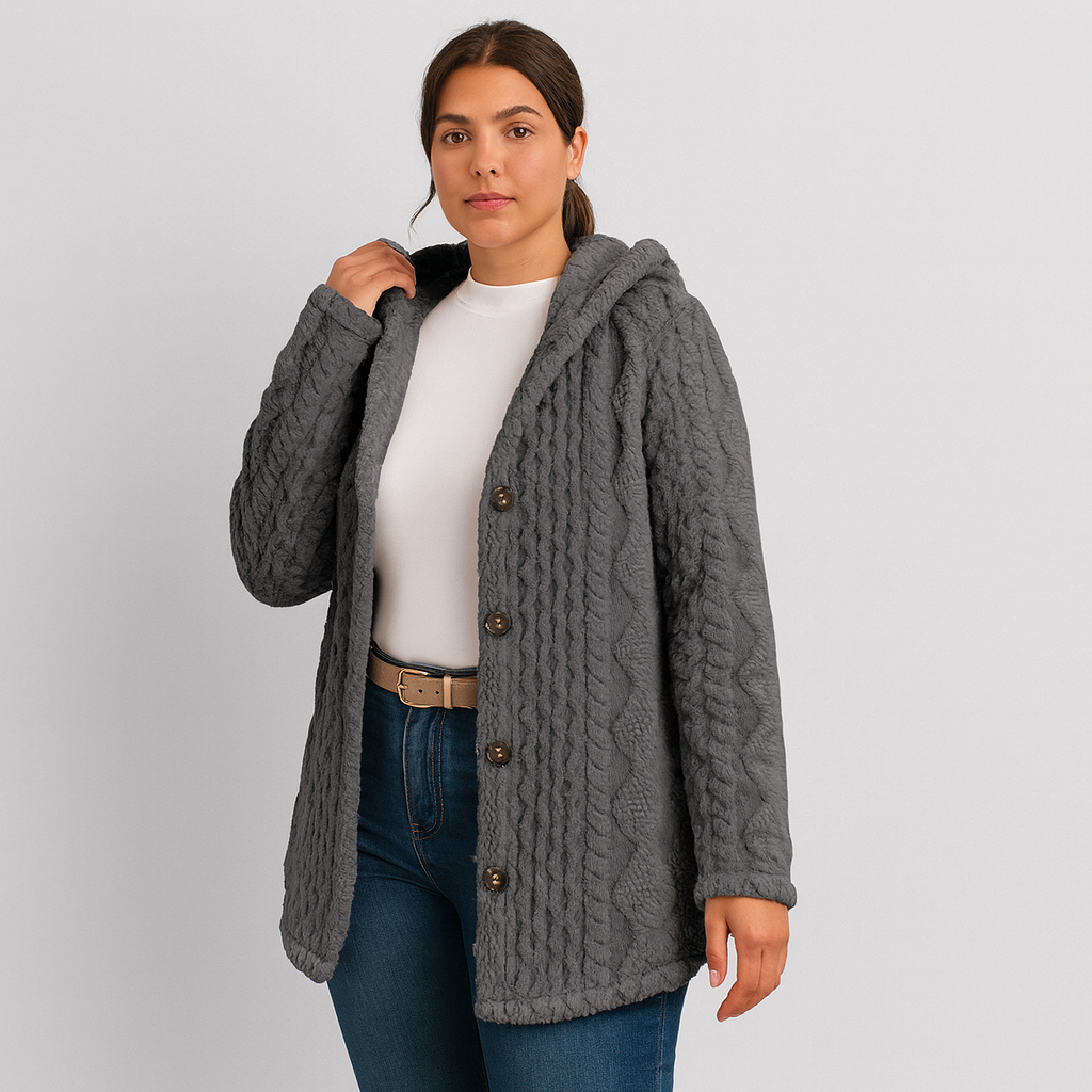Marlena | Damen Knopf-Front Teddy Hoodie Mantel für Herbst & Winter