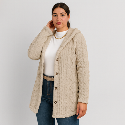 Marlena | Damen Knopf-Front Teddy Hoodie Mantel für Herbst & Winter