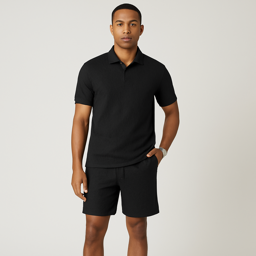 2-teiliges Jacquard-Strickset für Herren – Kurzarm-Oberteil mit Kragen und einfarbige Shorts