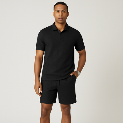 2-teiliges Jacquard-Strickset für Herren – Kurzarm-Oberteil mit Kragen und einfarbige Shorts