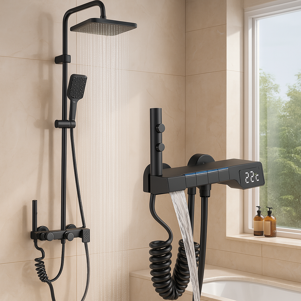 Modernes graues Duschset – Regenduschkopf mit Messingsteuerung für Badewannen- und Duschkombination