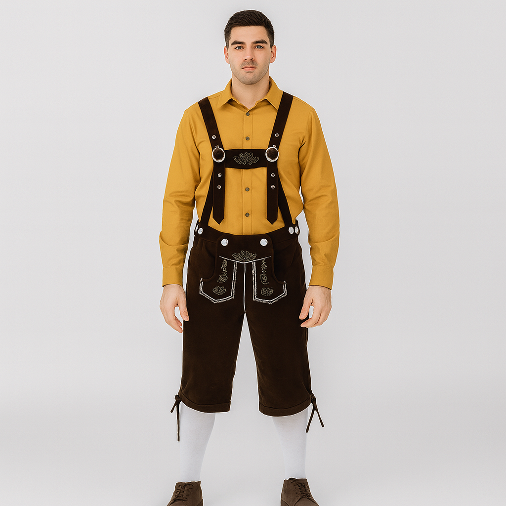 Herren Trachtenoutfit – Kniebundlederhose mit Stickerei & Karohemd fürs Oktoberfest