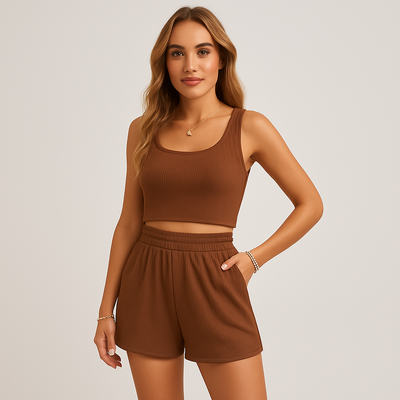 Geripptes Camisole- und Shorts-Set für Damen – Lässiges 2-teiliges Lounge-Outfit