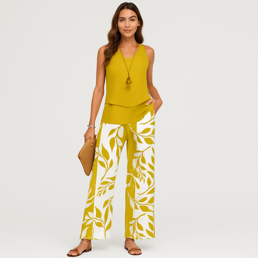 Lässiges 2-teiliges Damen-Set – Einfarbiges ärmelloses Oberteil und geblümte Hose mit weitem Bein