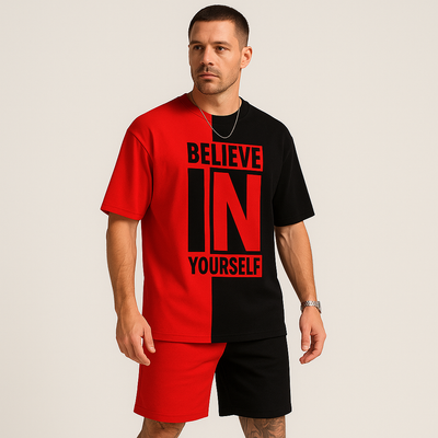 Herren-Motivationsset mit Farbblock-Print – „Glaub an dich selbst“ T-Shirt & passende Shorts