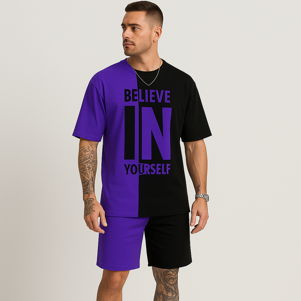 Herren-Motivationsset mit Farbblock-Print – „Glaub an dich selbst“ T-Shirt & passende Shorts