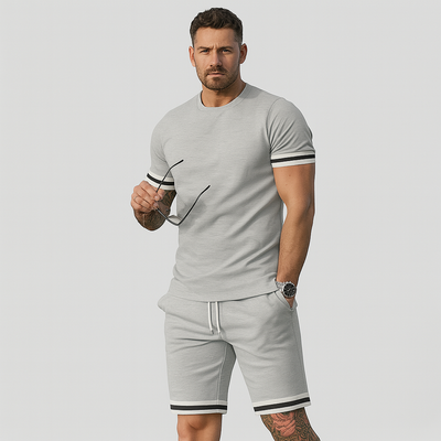 Neues lässiges 2-teiliges Herren-Set – Kurzarm-T-Shirt mit Rundhalsausschnitt und Shorts mit Kordelzug in Unifarbe