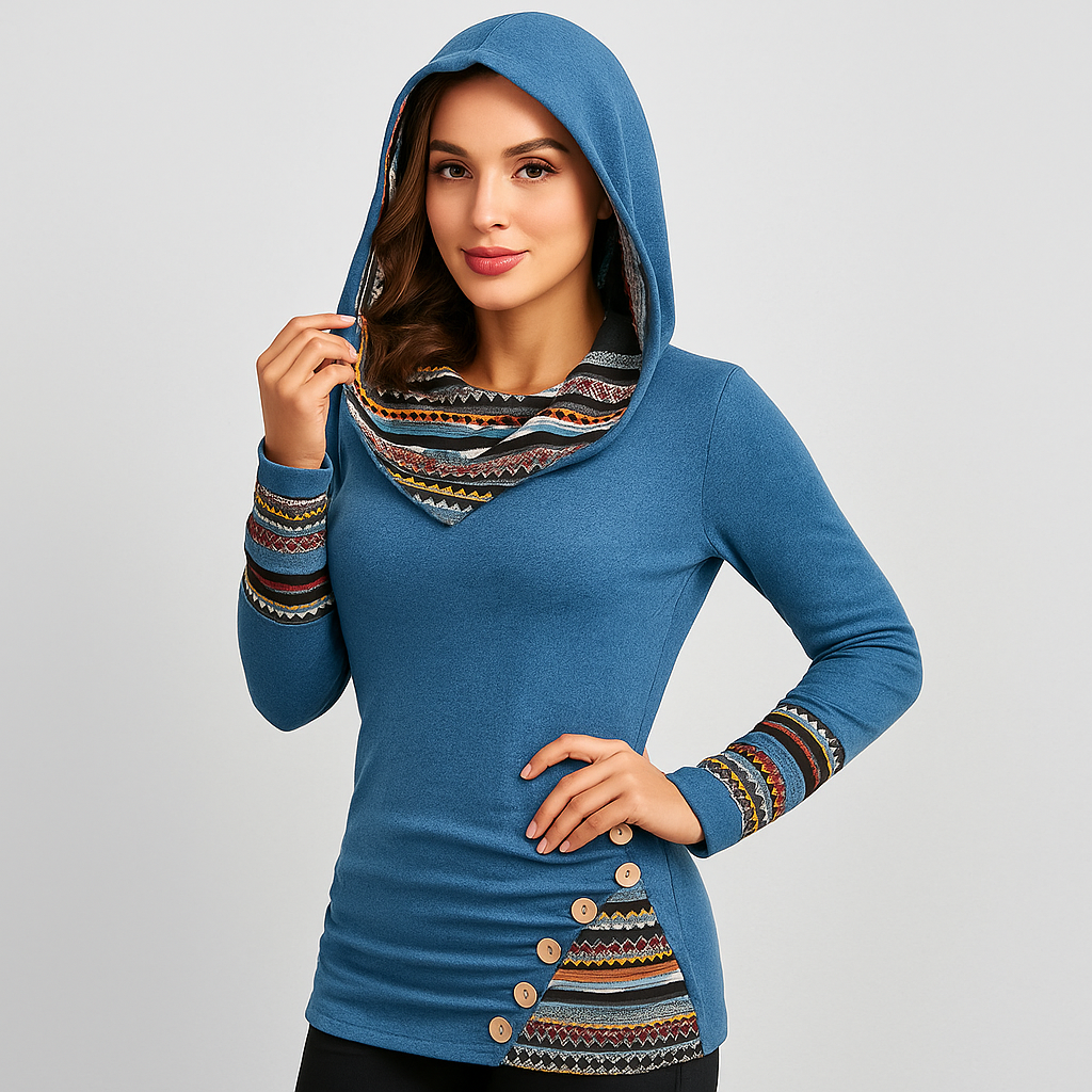 Damen Kapuzenpullover mit Ethno-Streifen – Langarm Hoodie im Patchwork-Stil