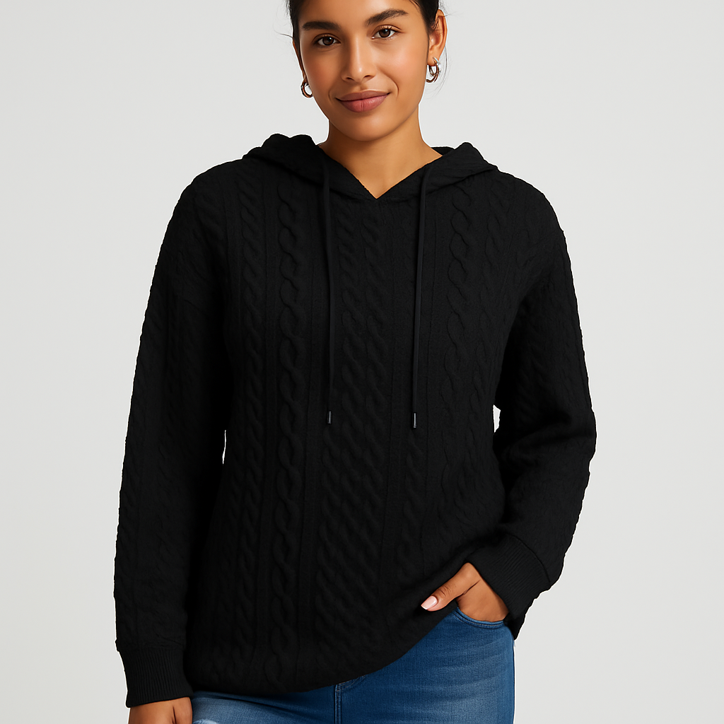 Damen Kapuzenpullover in großen Größen – Unifarbener Rippstrick mit Kordelzug & Stretch