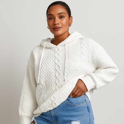 Damen Kapuzenpullover in großen Größen – Unifarbener Rippstrick mit Kordelzug & Stretch