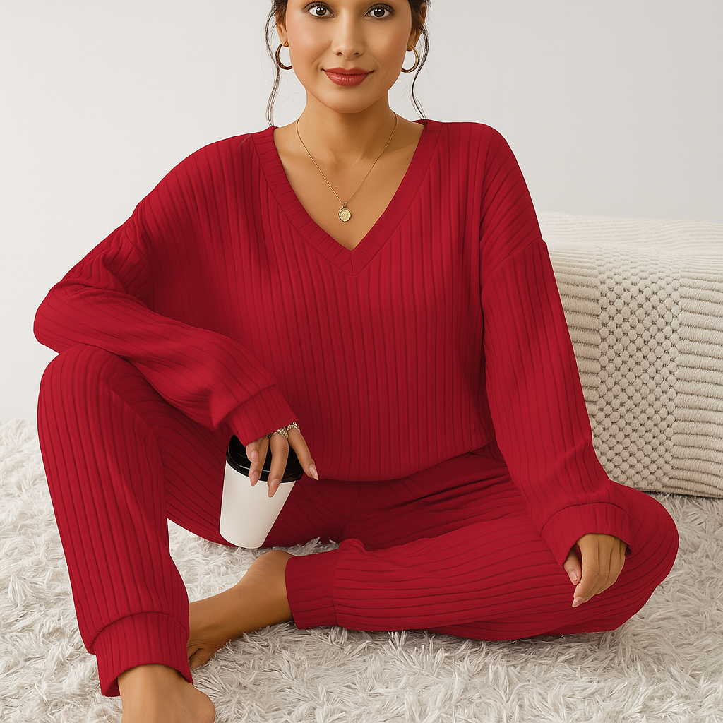 Damen Lounge-Set aus Rippstrick – Unifarbenes V-Ausschnitt-Top & Jogginghose mit Gummibund