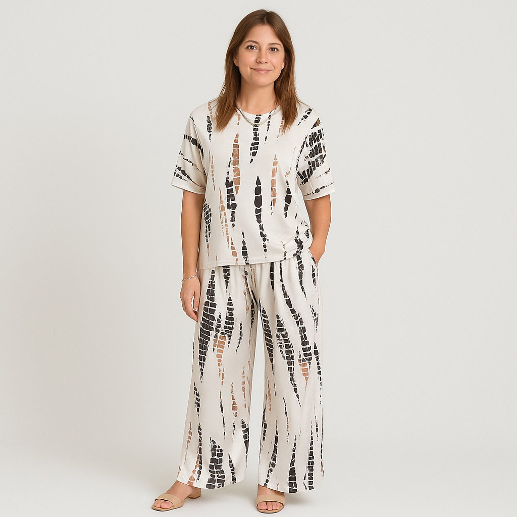 Elise Casual Zweiteiliges Set – Top mit Rundhalsausschnitt und Hose mit weitem Bein für einen mühelosen Stil