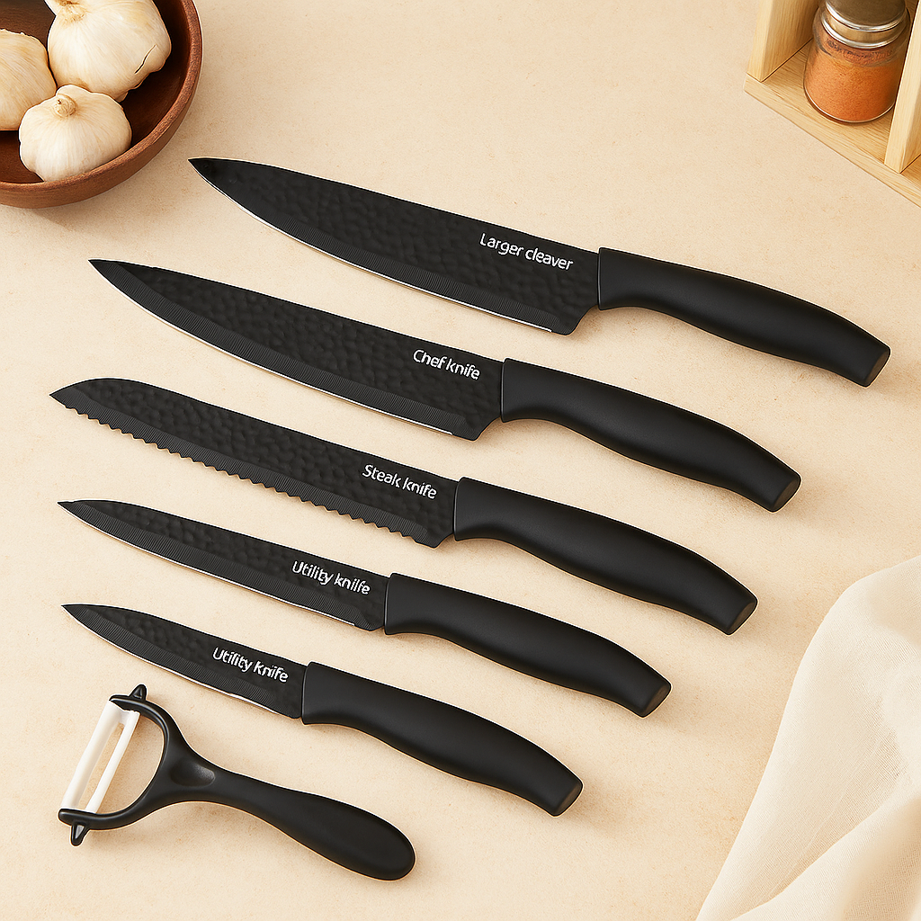 Chefora | 6-teiliges Küchenmesser- und Zubehörset aus Edelstahl – Schwarze Geschenk-Edition