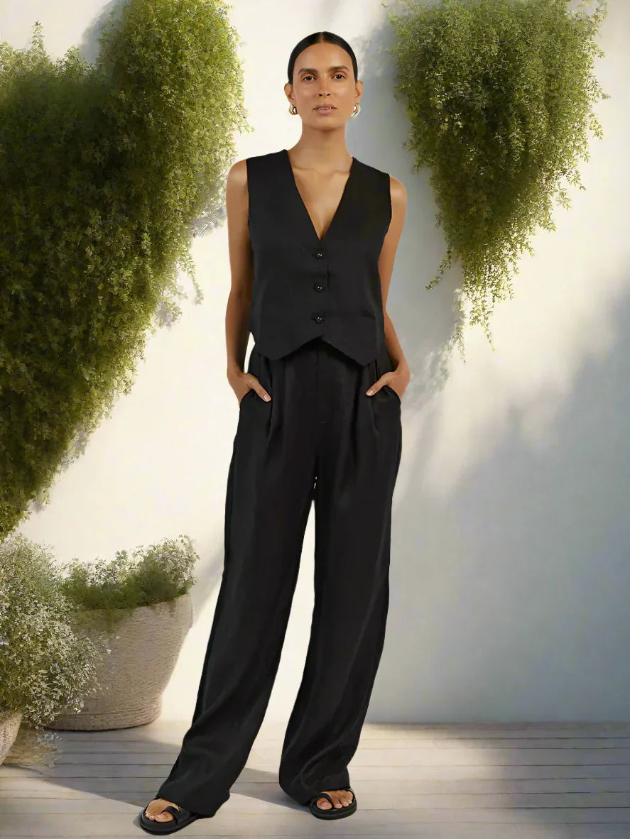 Elegantes Damen Zweiteiler Set Business Casual Ärmellos mit Weitem Bein