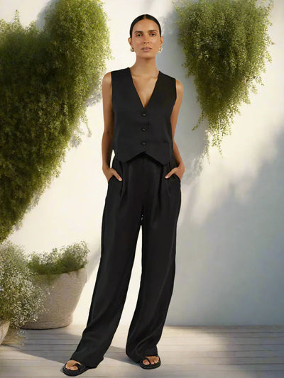 Elegantes Damen Zweiteiler Set Business Casual Ärmellos mit Weitem Bein