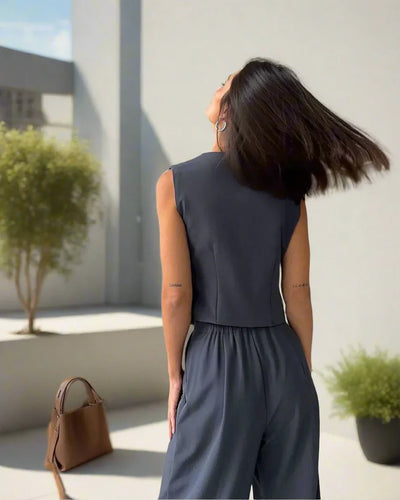 Elegantes Damen Hosenanzug Set mit V-Ausschnitt und weitem Bein