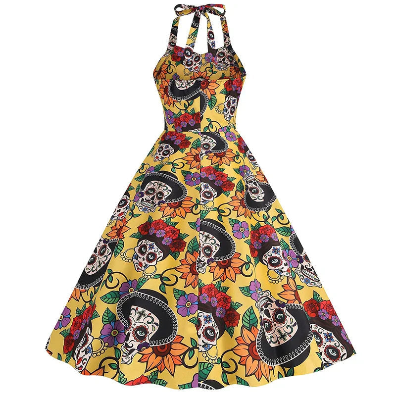 Damen Halloween Kleid | Rockabilly Kleid mit Totenkopf Print und Neckholder