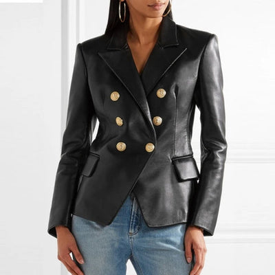 Damen Blazer Vegan Leder Mit Knöpfen – Eleganter Blazer Schwarz für Vielseitige Outfits