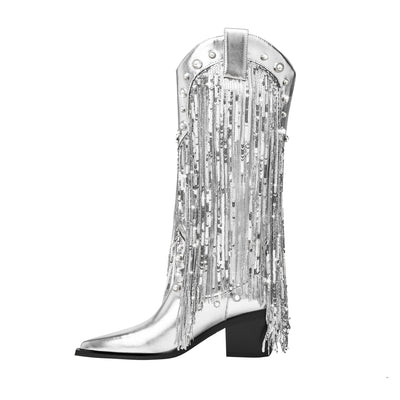 Damen Cowboystiefel Leder Boho Stil mit Fransendetails und Blockabsatz