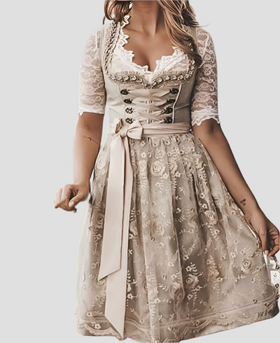 Damen Dirndlkleid Baumwolle mit Schnürmieder und Spitzenbluse, Traditionelles Design, Eleganter Blumendruck