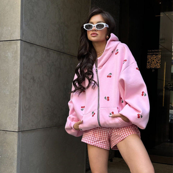 Damen Kapuzenpullover Hoodie mit Reißverschluss und Fruchtigem Print