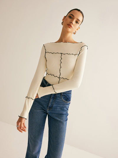 Damen Langarmshirt Baumwolle Lyocell Slim Fit mit Lettuce Trim