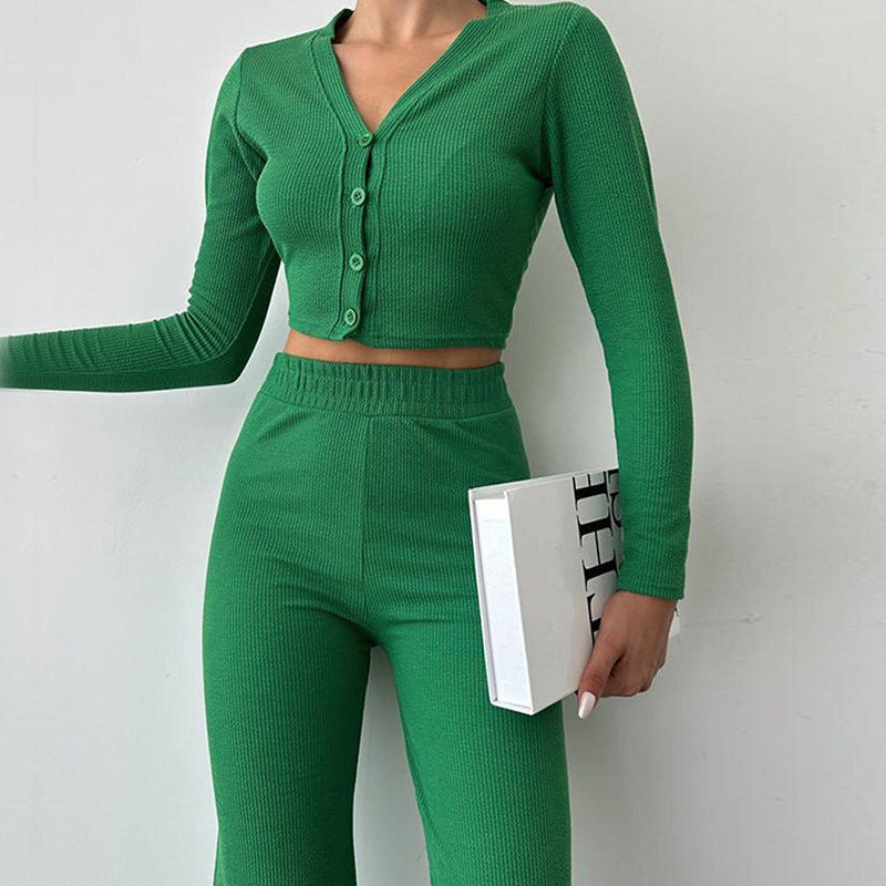 Damen Loungewear Set Rippstoff Langarm Oberteil Weite Hosen