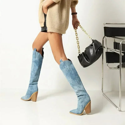 Damen Overknee Stiefel Leder Cowboy-Stil mit Stilettoabsatz