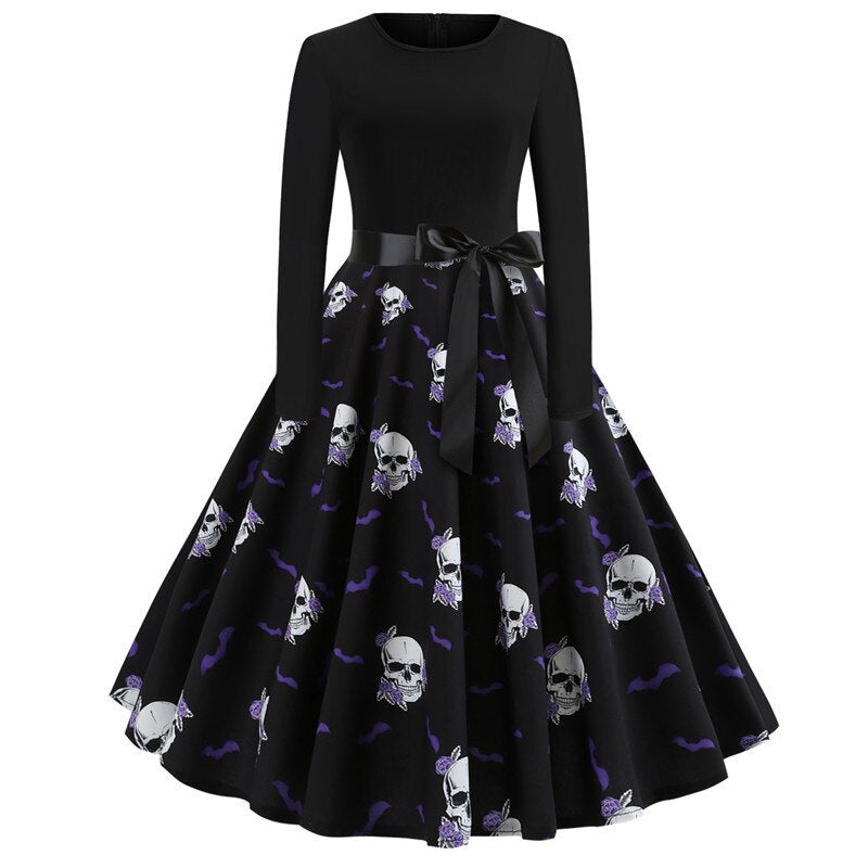 Damen Halloween-Kleid mit Print | Langarm & Ausgestellter Schnitt