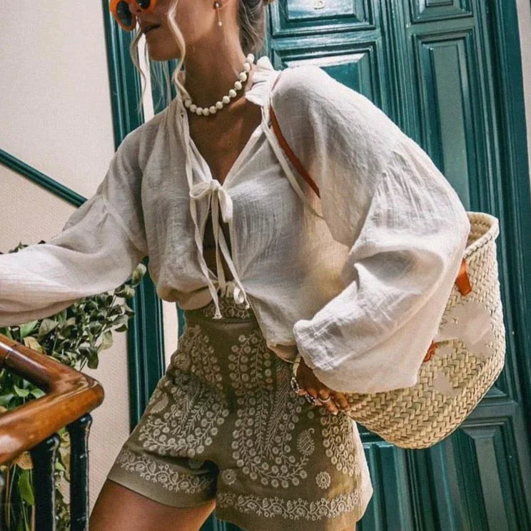 Blumenbestickte Leinen-Shorts für Damen – Clara