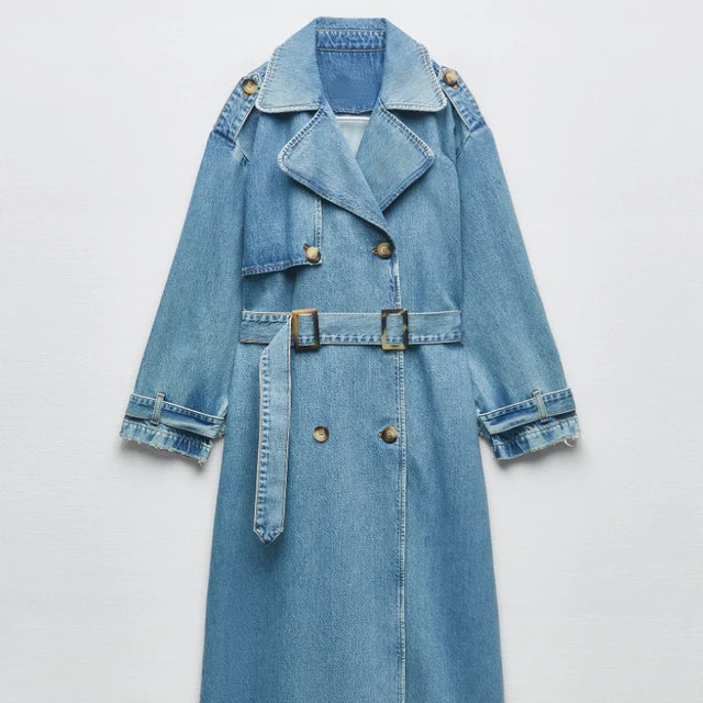 Langer Damen Trenchcoat Blau – Tailliert mit Gürtel – Elegant & Modern