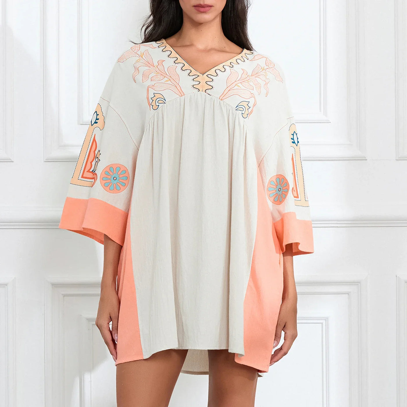 Lässiges Oversize Boho Damen Minikleid mit 3/4 Ärmeln