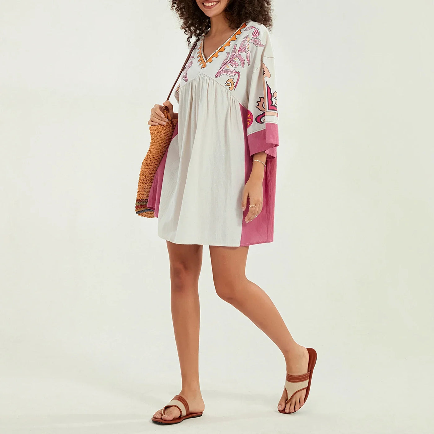 Lässiges Oversize Boho Damen Minikleid mit 3/4 Ärmeln