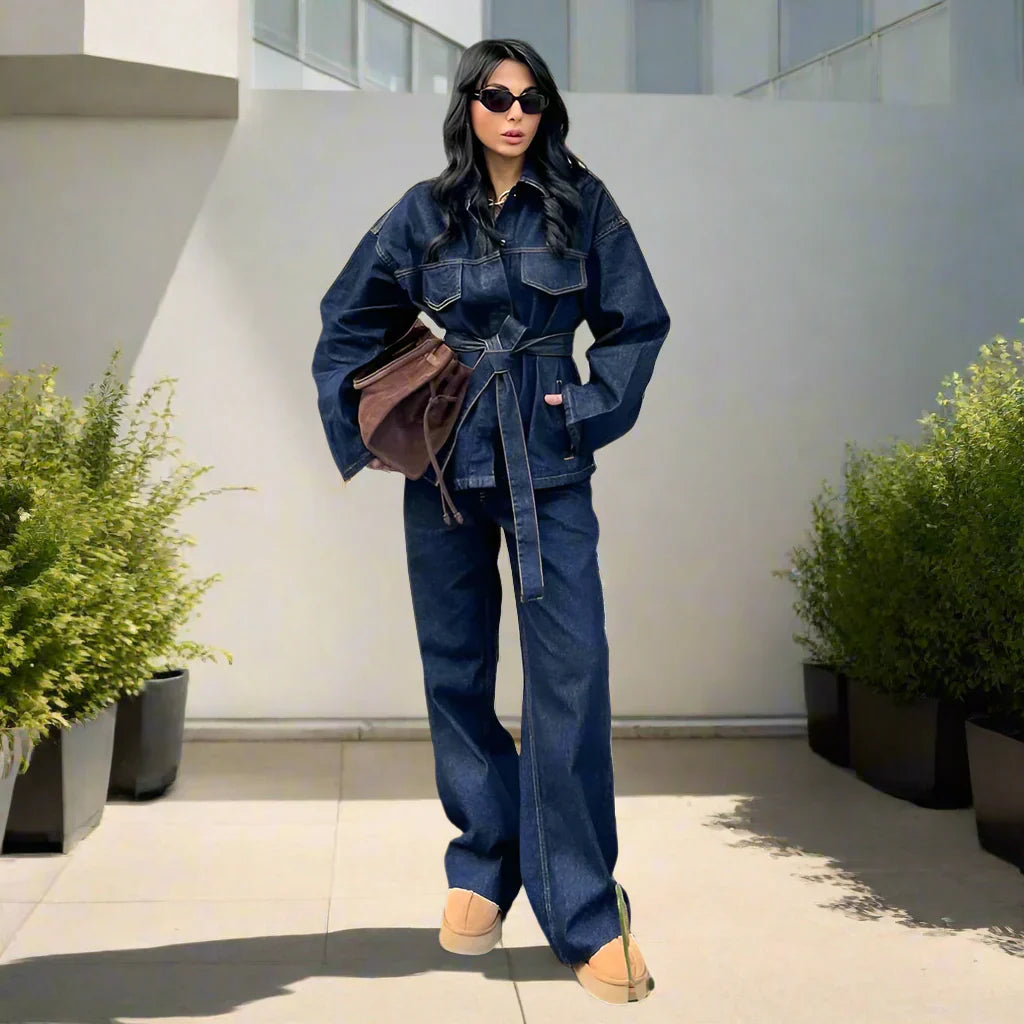 Elegante Damen Jeans-Kombination mit weitem Bein und langer Jacke