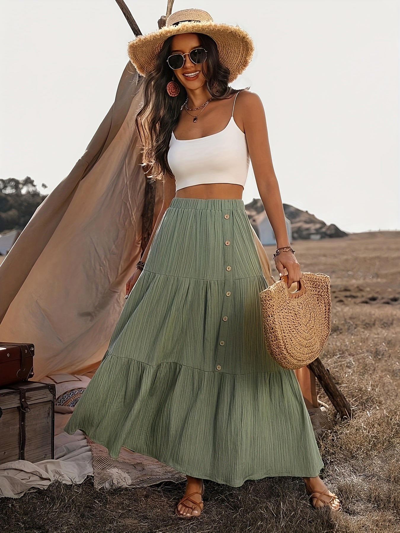 Damen Maxirock Baumwolle Boho Stil mit Volants – Sommer