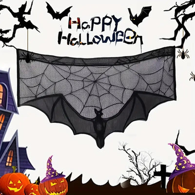 GothicLace Halloween Spitzen-Deko – Schwarzer Überwurf mit Fledermaus & Spinnennetz