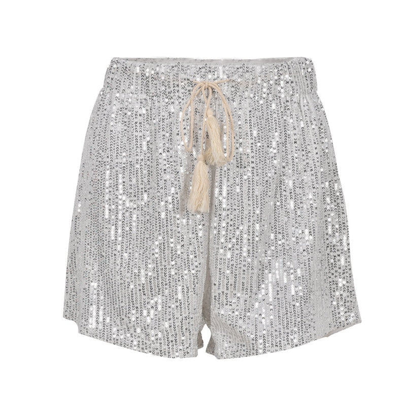Trendige Pailletten Shorts Damen | Sommer Party High Waist Shorts | Glänzende Abendmode