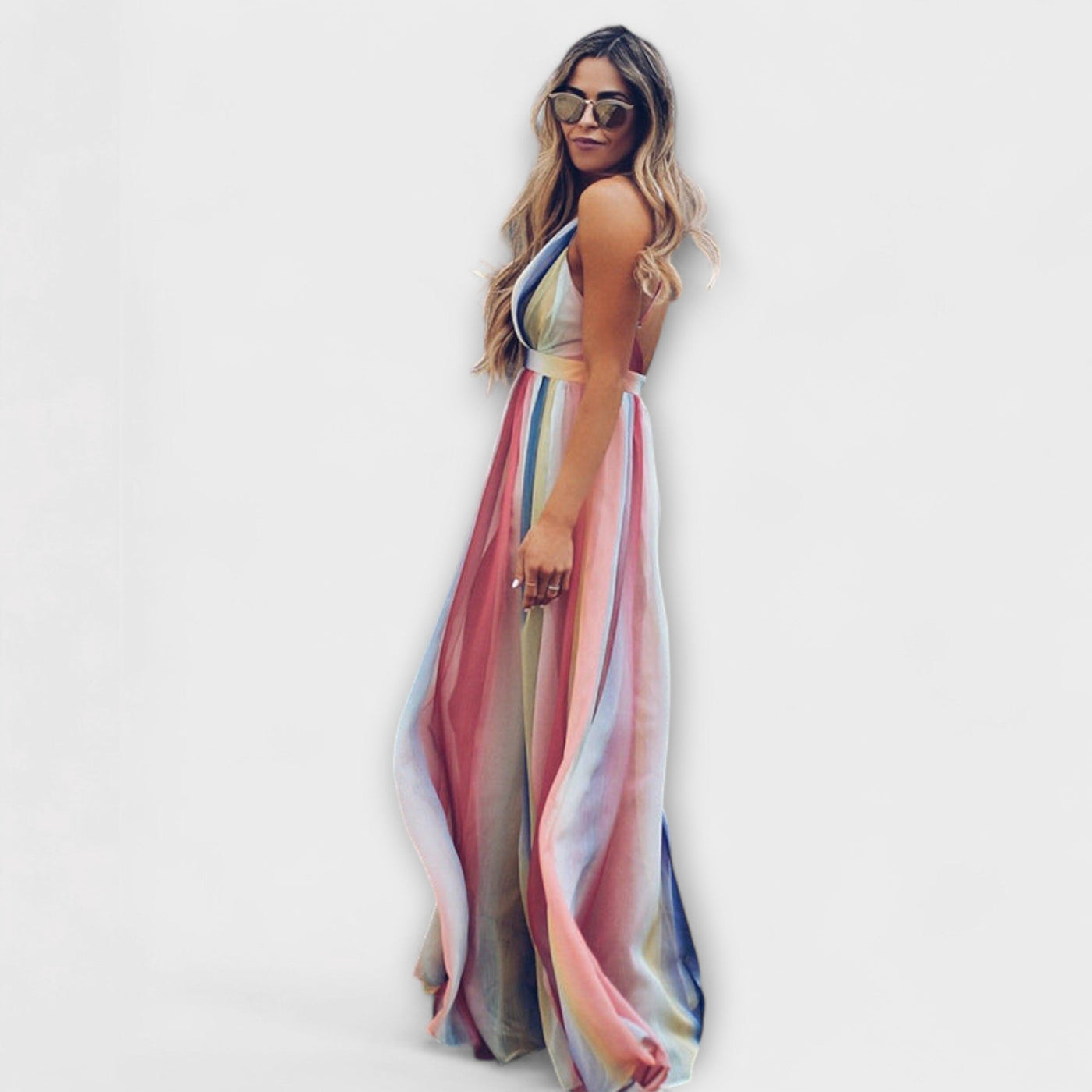 V-Neck Multicolored Striped Dress for Women