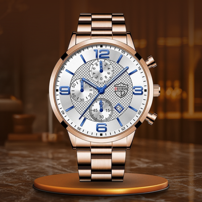 Edelstahl Business Herrenuhr mit Lederarmband und Kalenderfunktion – Luxuriös & Funktional