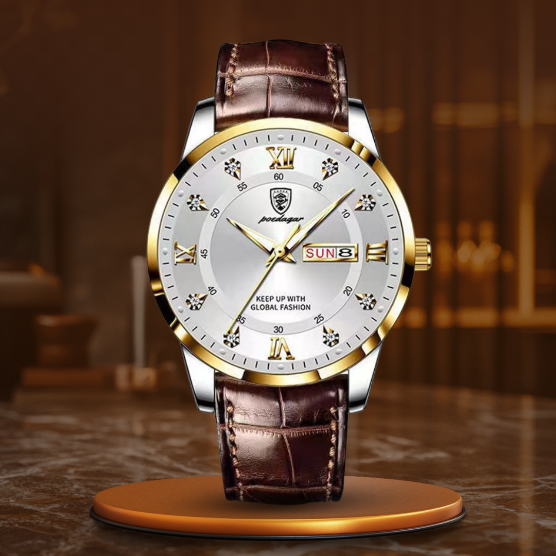 Robuste Herrenuhr Mit Leuchtmasse, Veganes Lederarmband, 3ATM Wasserdicht, Quarzwerk